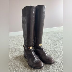 Michael Kors Dark Brown Leather Tall Riding Boots with Gold Accents